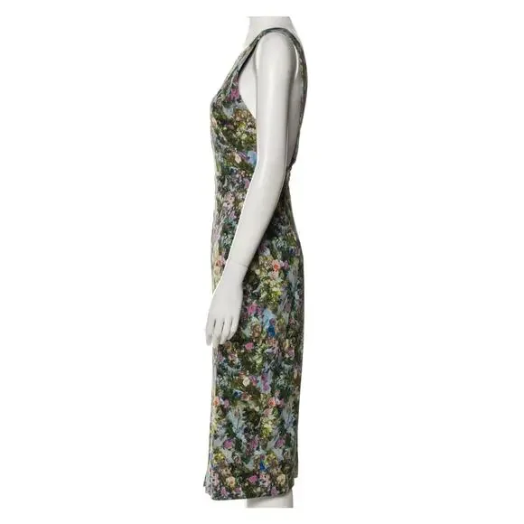Cushnie Et Ochs Floral Print Midi Length Open Back Wiggle Green Dress Size 0 - Picture 3 of 13